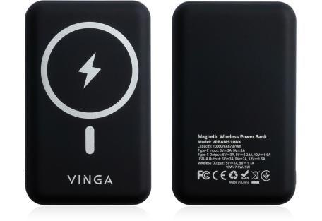 Батарея універсальна Vinga 10000 mAh Wireless Magnetic QC+PD (VPBAMS10BK)