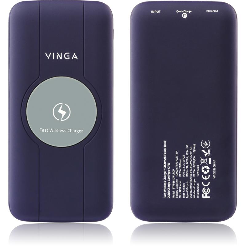 Батарея універсальна Vinga 10000 mAh Wireless QC3.0 PD soft touch purple (BTPB3510WLROP)