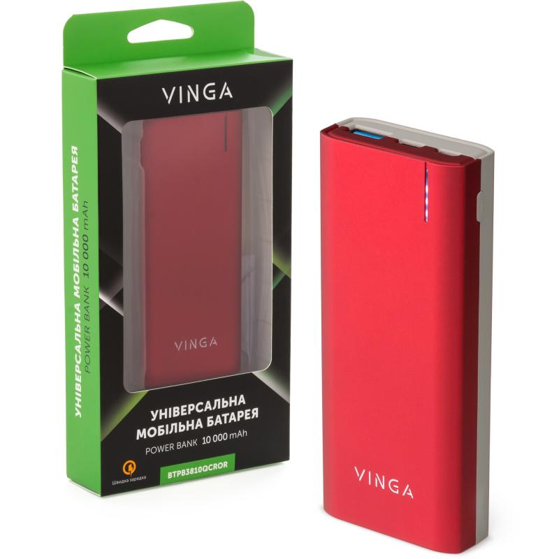 Батарея універсальна Vinga 10000 mAh soft touch red (BTPB3810QCROR)