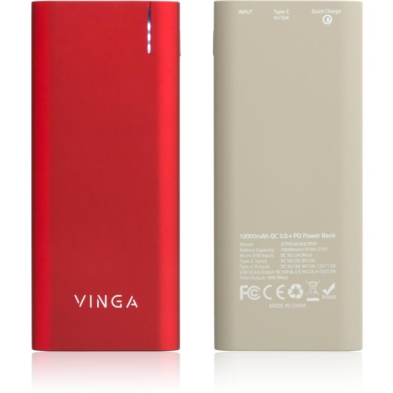 Батарея універсальна Vinga 10000 mAh soft touch red (BTPB3810QCROR)