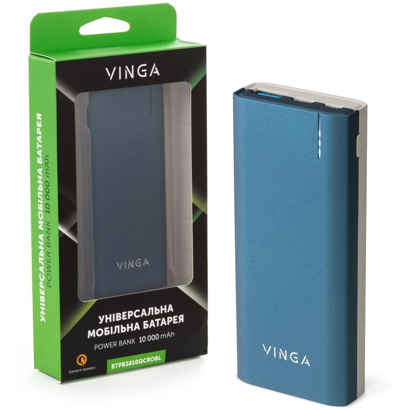 Батарея універсальна Vinga 10000 mAh soft touch blue (BTPB3810QCROBL)