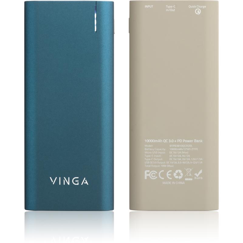 Батарея універсальна Vinga 10000 mAh soft touch blue (BTPB3810QCROBL)
